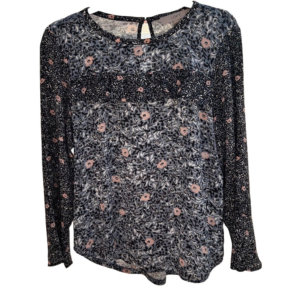 NWT LOFT Blouse Floral Bell Sleeve Ruffle Multicolor Round Neck Casual Top  XSP